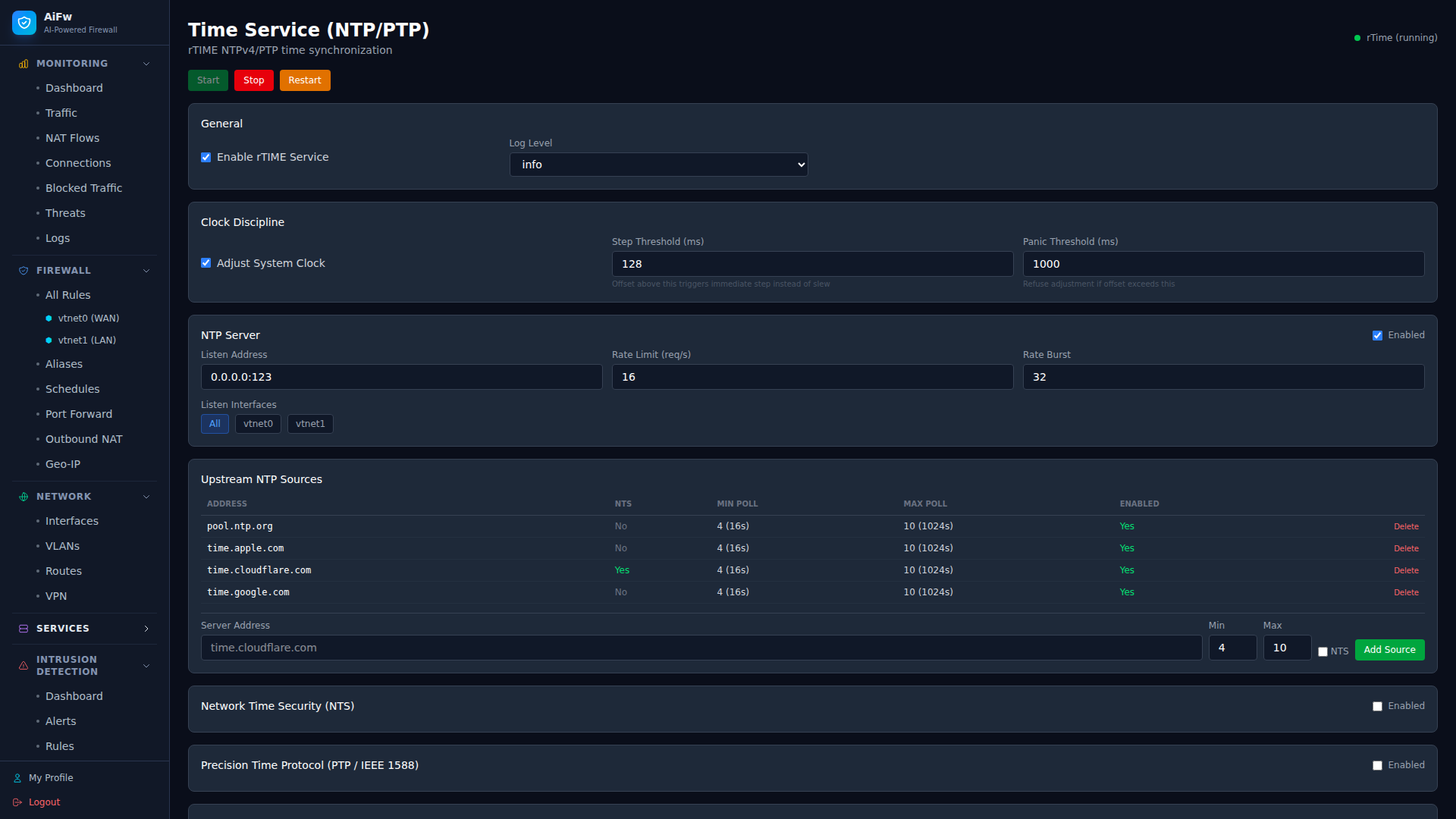 AiFw NTP and PTP time service status
