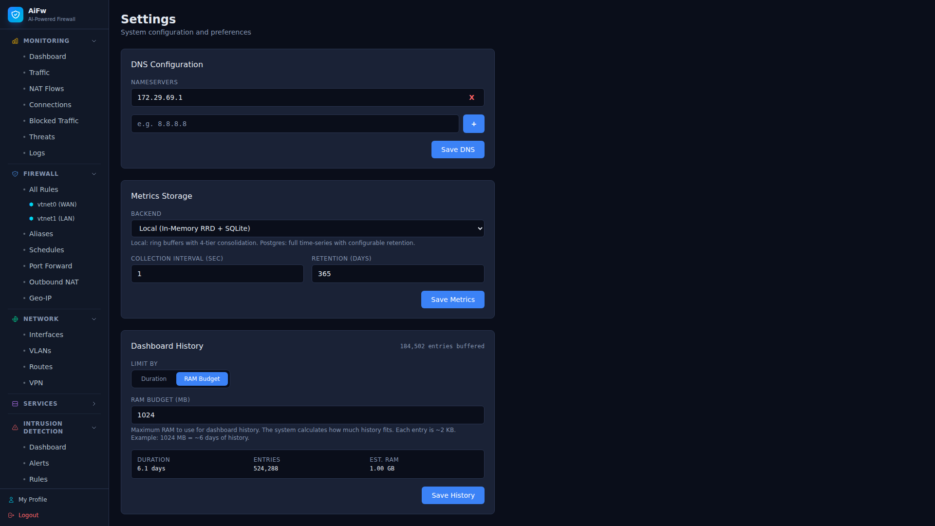AiFw settings panel with TLS policy, metrics backend, and API config