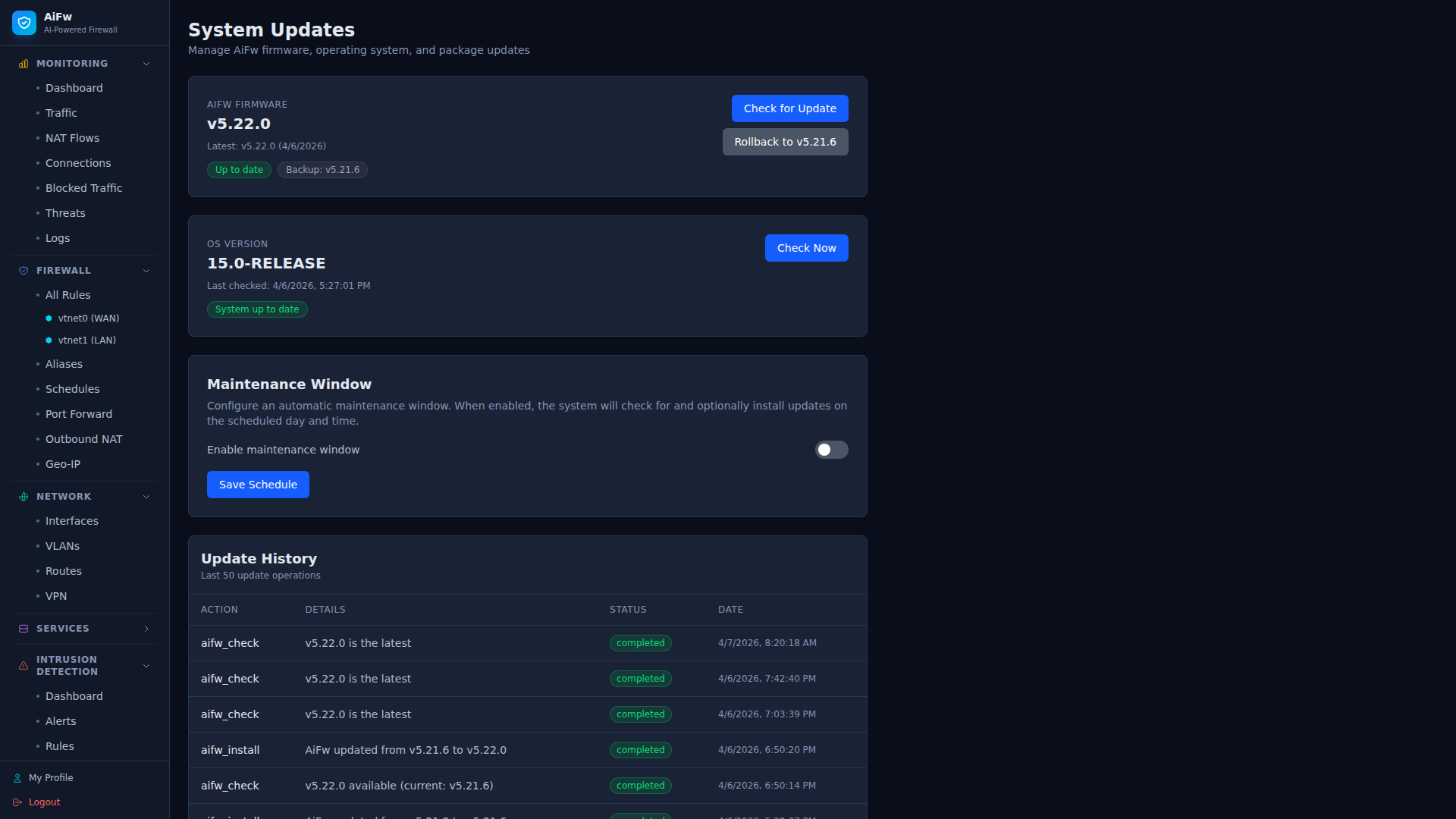 AiFw self-update workflow with one-click rollback